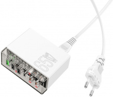 Адаптер питания скоростной hoco N36 Fuerza (100-240V - 6x USB, USB Type-C, 5V-3А, 9V-3A, 12V-3A, 15V-3A, 20V-3.25A, 65W max, быстрая зарядка, QC3.0, PD, GaN, кабель 1.2m, white-black)