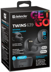 Гарнитура Defender Twins 639 (затычки, беспроводная, Bluetooth 5.0, с микрофоном, до 4 часов работы от батареи, black)