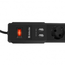 Сетевой фильтр Defender DFS 453 (5 розеток., 3.0 метра, 2 USB порта 1000mA, black) RTL