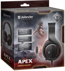 Наушники Defender Apex (полноразмерные закрытые, c микрофоном, регулятор, игровые, 1.8m, подсветка, промо-код "Crossout", black-red)