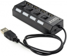 USB 2.0 HUB Gembird UHB-U2P4-02A (4 порта, активный, адаптер питания 2.4A, выключатели, 0.55m, black)
