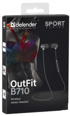 Гарнитура Defender OUTFIT B710 (затычки, беспроводные, Bluetooth 4.1, с микрофоном, до 10м., до 5 часов работы от батареи, black-white)