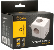 Сетевой фильтр Cablexpert Cube (CUBE-4-U4-W, 4 розетки, 4*USB 2.1A (3.1A max), 4000W, 16A, white) RTL