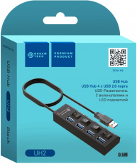 USB 2.0 HUB Dream UH2 (4 порта, активный, выключатели, black)