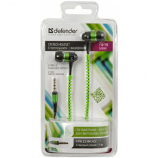 Наушники Defender ZigZag (затычки, для мобильных устройств, с микрофоном, 1.1m, green)