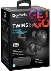Гарнитура Defender Twins 638 (затычки, беспроводная, Bluetooth 5.0, с микрофоном, до 2 часов работы от батареи, black)