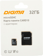 Карта памяти SDmicro Card 32Gb Digma (DGFCA032A01, Class 10, UHS-I, 70/20MB/s, адаптер SD)