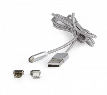 Кабель USB 2.0 Am - micro USB + Lightning 1.0m (CC-USB2-AMLM3-1M, нейлоновая оплётка, магнитный, silver) Cablexpert