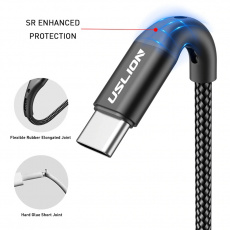 Кабель USB 2.0 Am - Type-C 1.0m (3A, быстрая зарядка, нейлоновая оплётка, blue) USLION