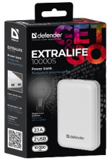 Внешний аккумулятор Defender ExtraLife 10000S (литий-полимерный, 10000mAh, 2*USB 2.1A, вход 2.1A, white)