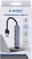 USB 3.1 HUB Gembird UHB-C484 (4 порта, активный (Type-C до 3A), 0.2m, grey)