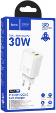 Адаптер питания hoco N63 Gentle (100-240V - 2x USB, USB Type-C, 5V-3А, 9V-3A, 12V-2.5A, 30W, быстрая зарядка, QC3.0, PD, GaN, white)