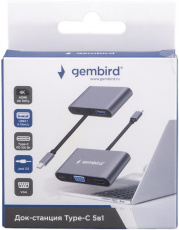 Док-станция USB Type-C (m) - HDMI (f) + Type-C (f) + VGA (f) (UHB-D8, 4K, PD 100W,  кабель 0.1mm, grey) Gembird