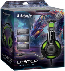 Наушники Defender LESTER (полноразмерные закрытые, c микрофоном, игровые, 2.2m, промо-код "Crossout", black-green)