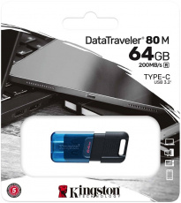 Флеш накопитель USB 3.2 64Gb Kingston DataTraveler 80M (DT80/64GB, OTG Type-C, 200MB/s, black-blue)