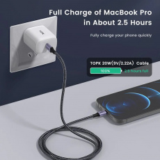Кабель Type-C - Lightning 1.0m (2.4A, быстрая зарядка, 20W, нейлоновая оплетка, black-purple) TOPK