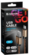 Кабель USB 2.0 Am - micro USB 1.0m (USB08-03T PRO, 2.1A, нейлоновая оплётка, gold) Defender