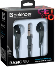 Наушники Defender Basic 610 (затычки, без микрофона, 1.1m, black)