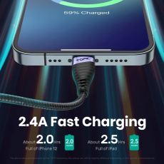 Кабель USB 2.0 Am - Lightning 1.0m (2.4A, быстрая зарядка, нейлоновая оплетка, black-purple) TOPK