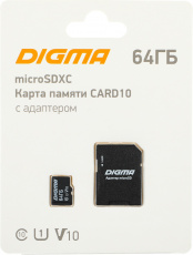 Карта памяти SDXCmicro Card 64Gb Digma (DGFCA064A01, Class 10, UHS-I, 70/20MB/s, адаптер SD)